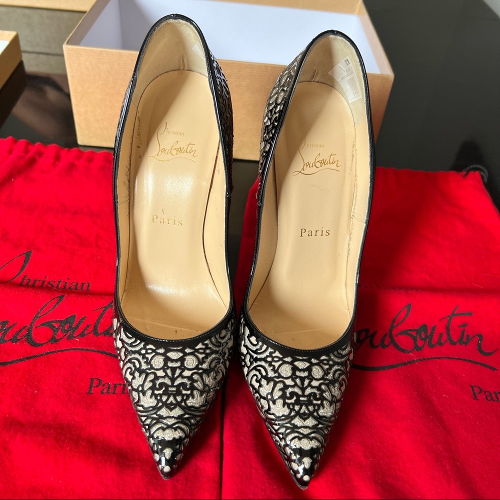💯 Authentic Christian Louboutin So Pretty Black Beige 120 Stiletto Heels 38 US7 - Picture 4 of 13